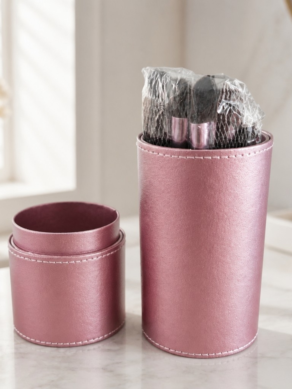 Pink Metallic Makeup Brush Holder with Brushes
